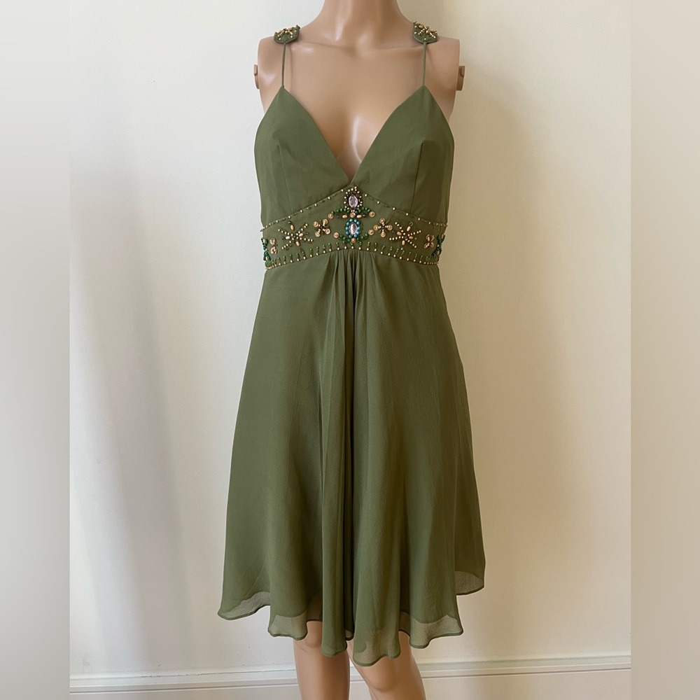 Lapis Olive Green Beaded Waist Spaghetti Strap Mini Dress